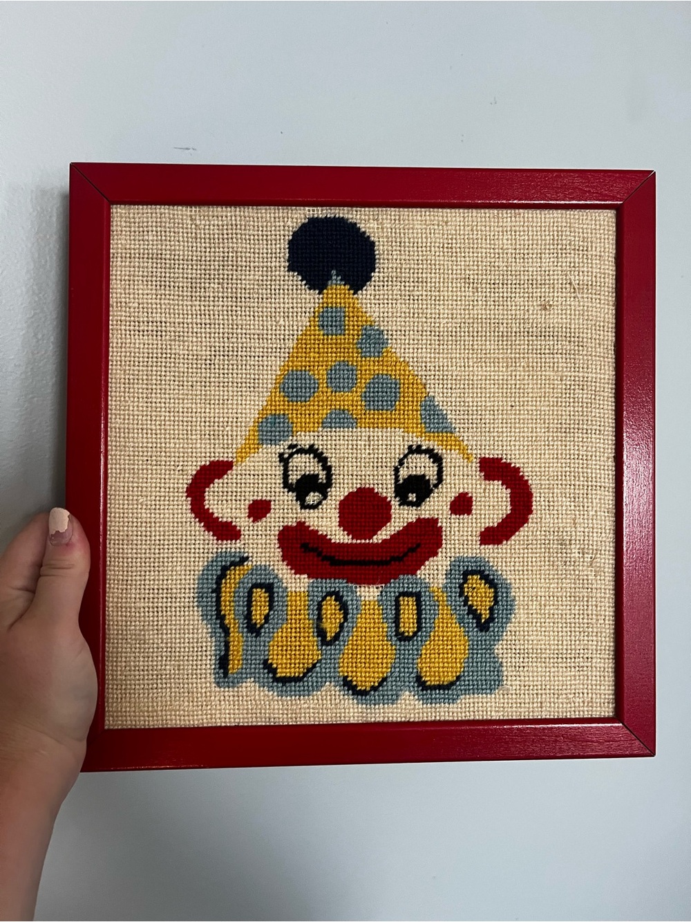 Vintage Red Framed Clown Needlepoint with Yellow and Blue Accents